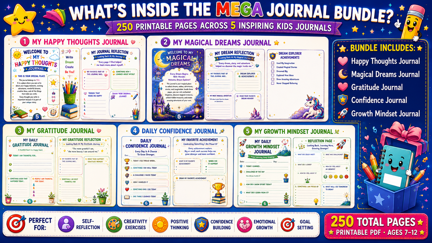 Kids Journal Mega Bundle – 5 Printable Reflection & Mindfulness Journals for Kids Ages 7–12 | Digital PDF Bundle