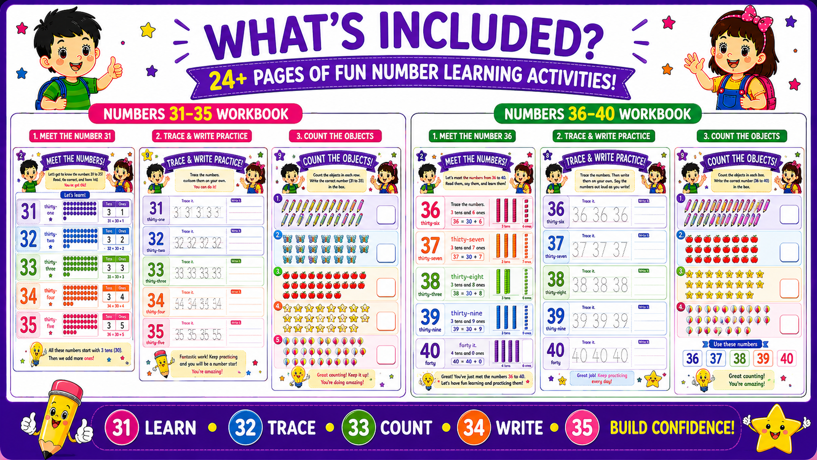 Number Learning Worksheets 31–40 – Printable Counting, Number Tracing & Math Activities for Kids Ages 3–6 | Digital PDF