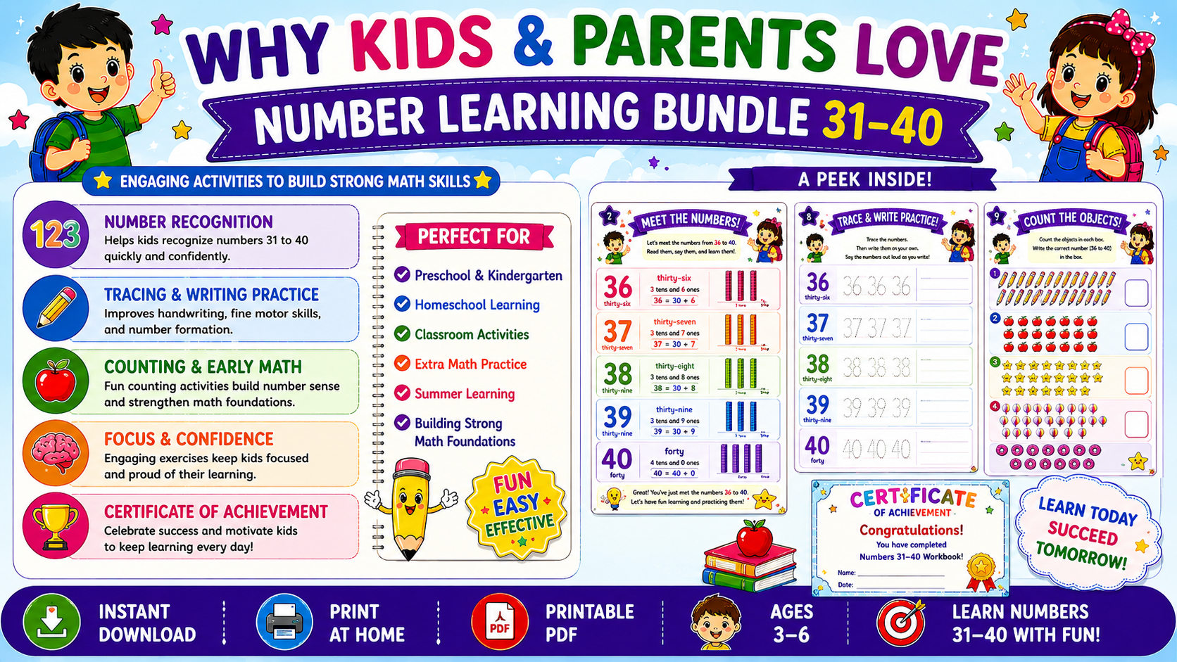 Number Learning Worksheets 31–40 – Printable Counting, Number Tracing & Math Activities for Kids Ages 3–6 | Digital PDF
