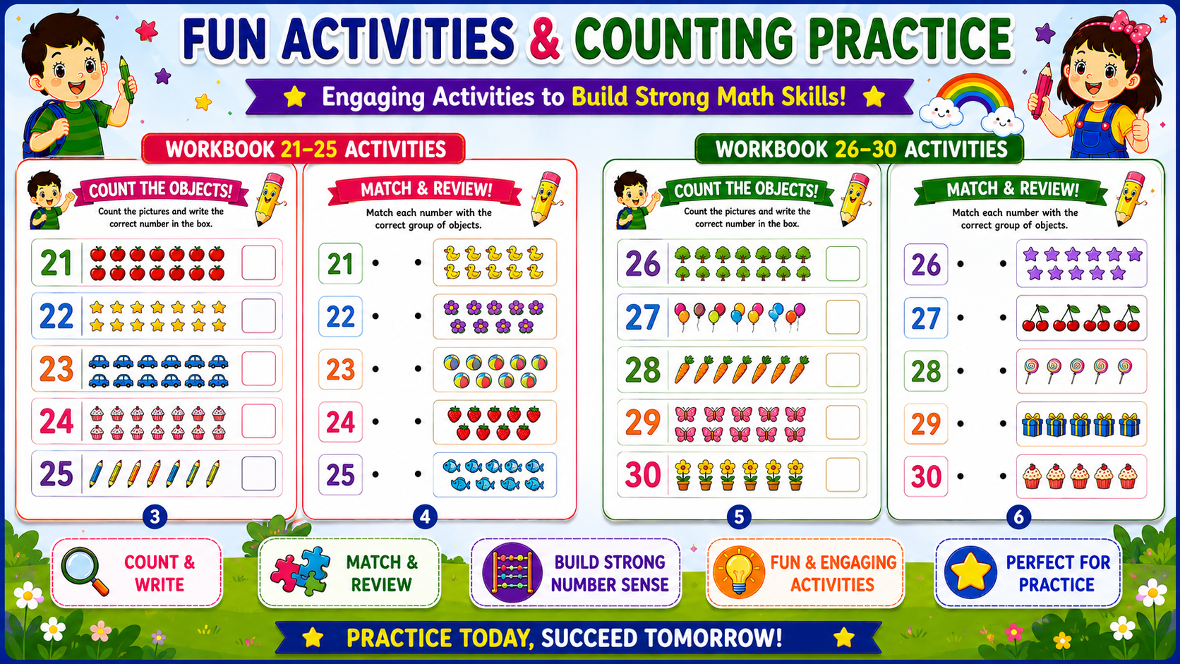 Number Learning Worksheets 21–30 – Printable Counting, Number Tracing & Math Activities for Kids Ages 3–6 | Digital PDF