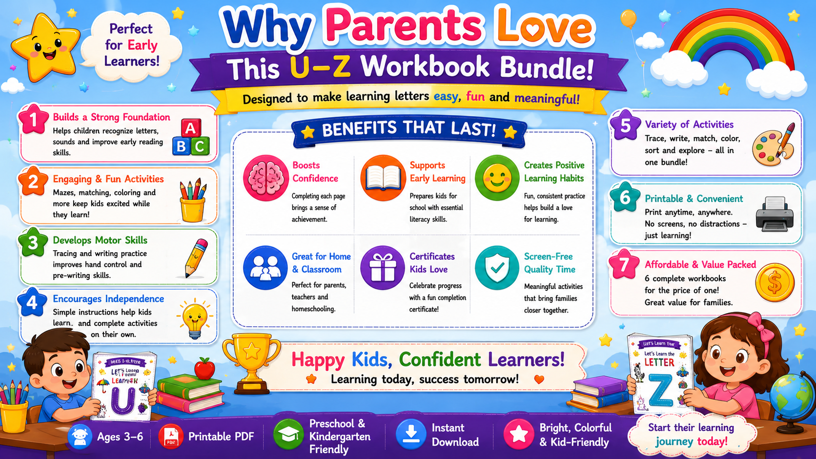 Alphabet Learning Worksheets U–Z – Printable Letter Tracing & Phonics Activities for Kids Ages 3–6 | Digital PDF