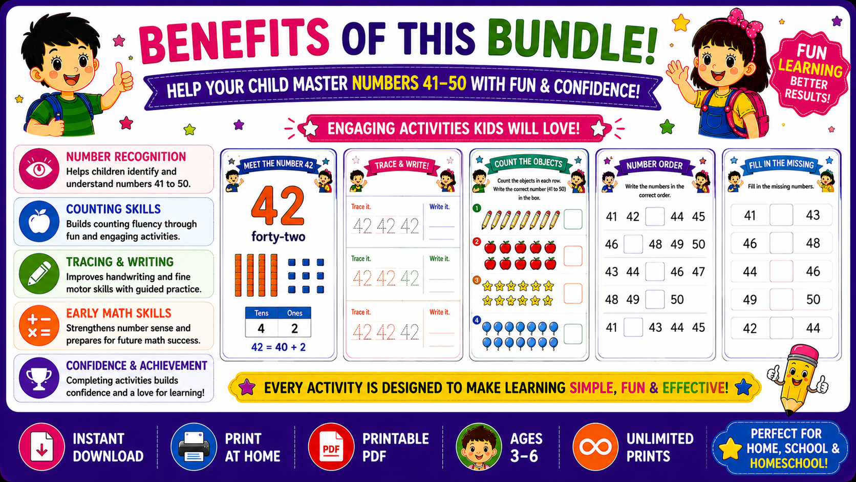 Number Learning Worksheets 41–50 – Printable Counting, Number Tracing & Math Activities for Kids Ages 3–6 | Digital PDF