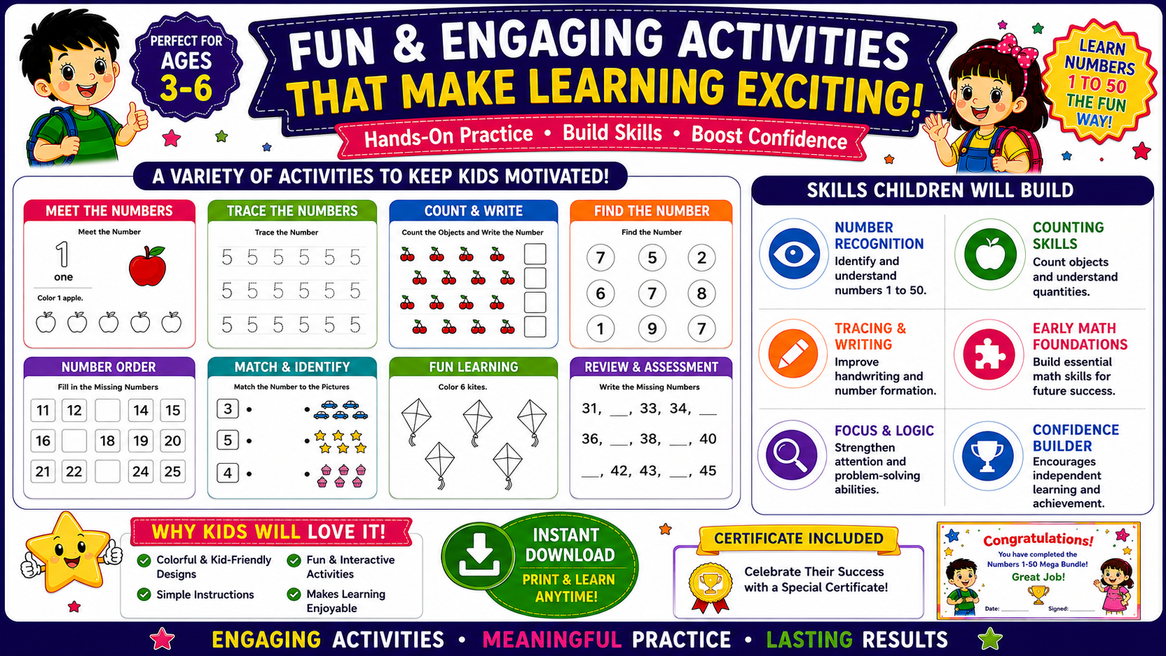 Number Learning Mega Bundle 1–50 – 5 Printable Counting, Number Tracing & Math Worksheet Sets for Kids Ages 3–6 | Digital PDF Bundle