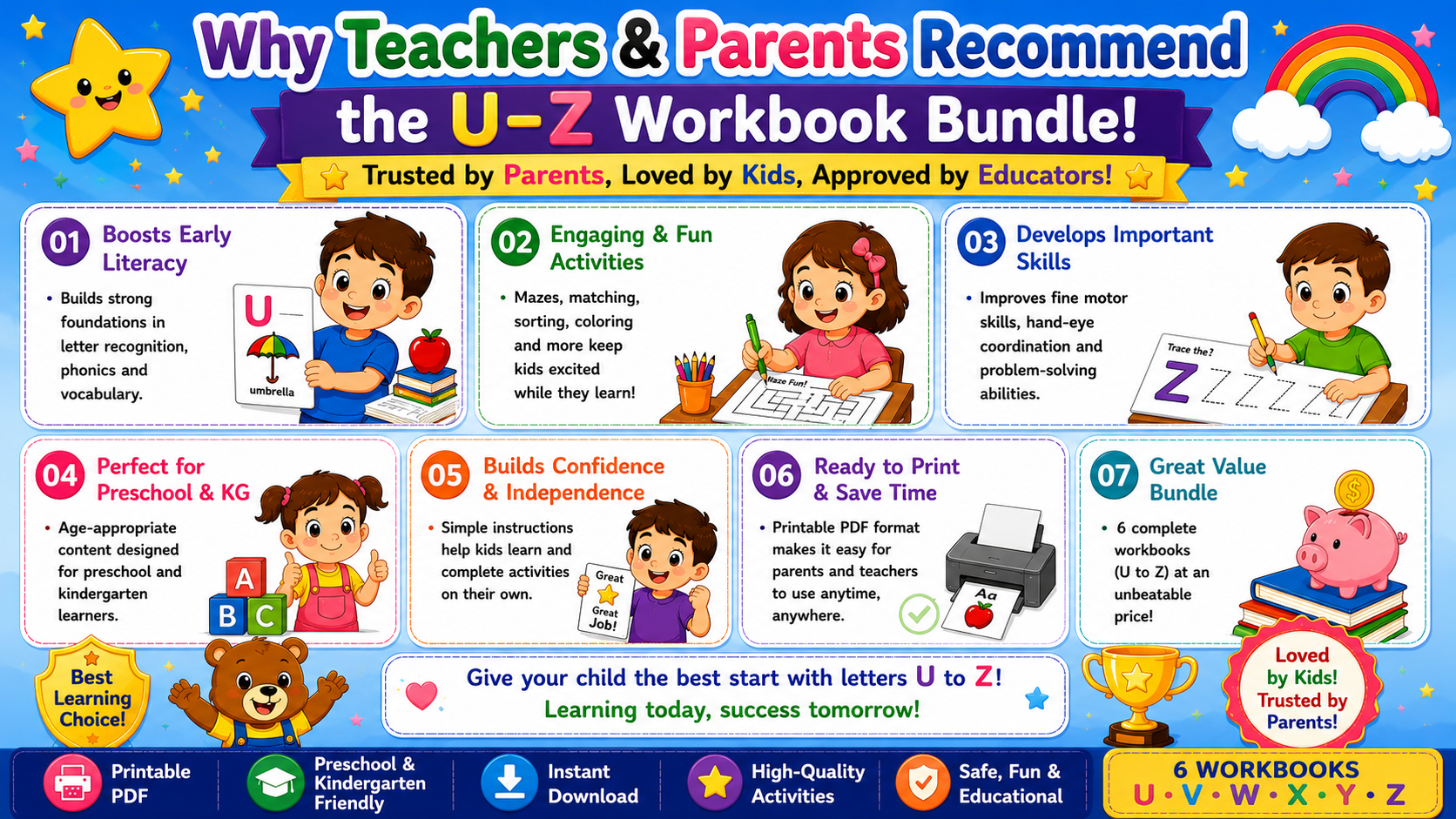 Alphabet Learning Worksheets U–Z – Printable Letter Tracing & Phonics Activities for Kids Ages 3–6 | Digital PDF