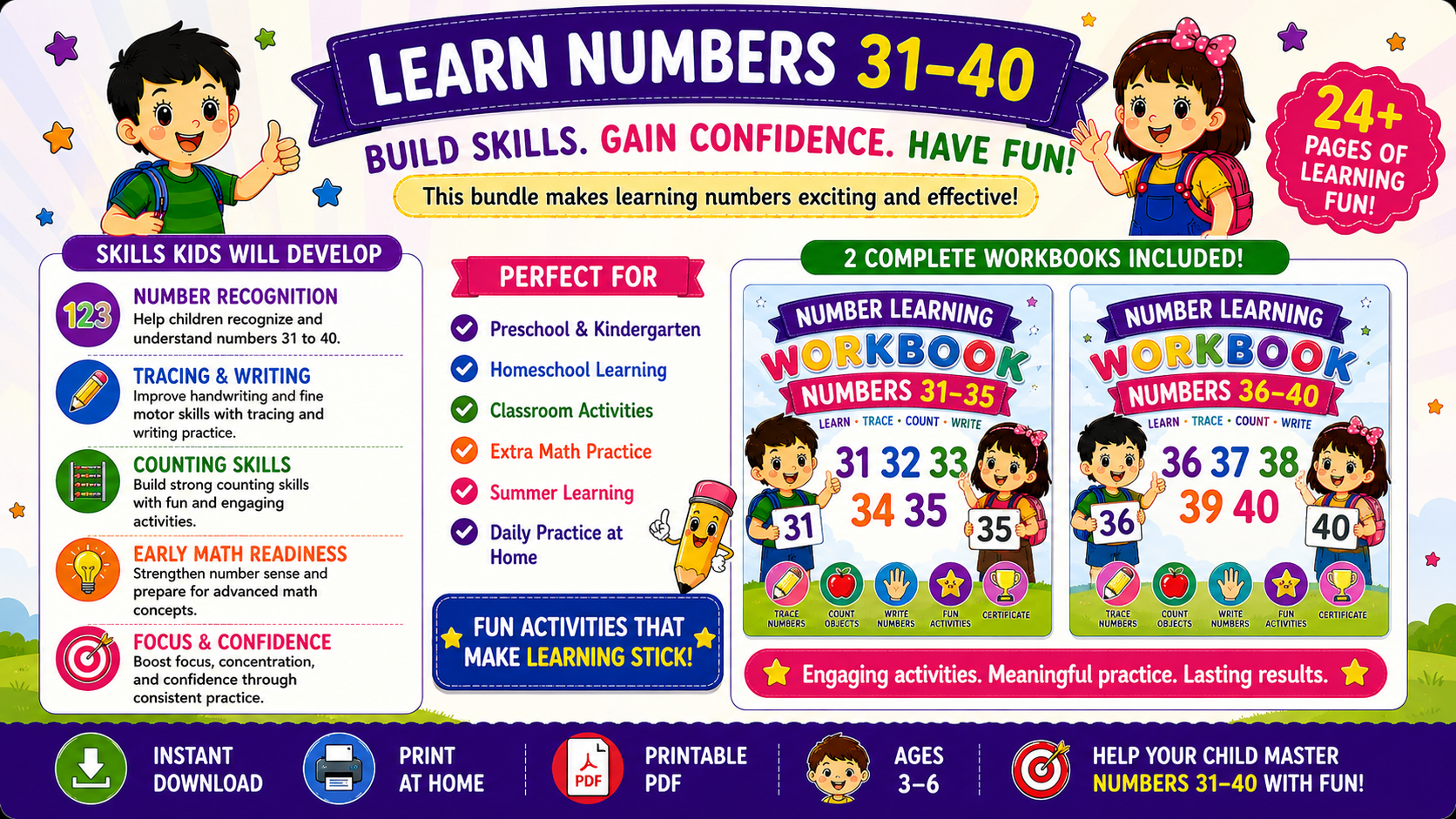 Number Learning Worksheets 31–40 – Printable Counting, Number Tracing & Math Activities for Kids Ages 3–6 | Digital PDF