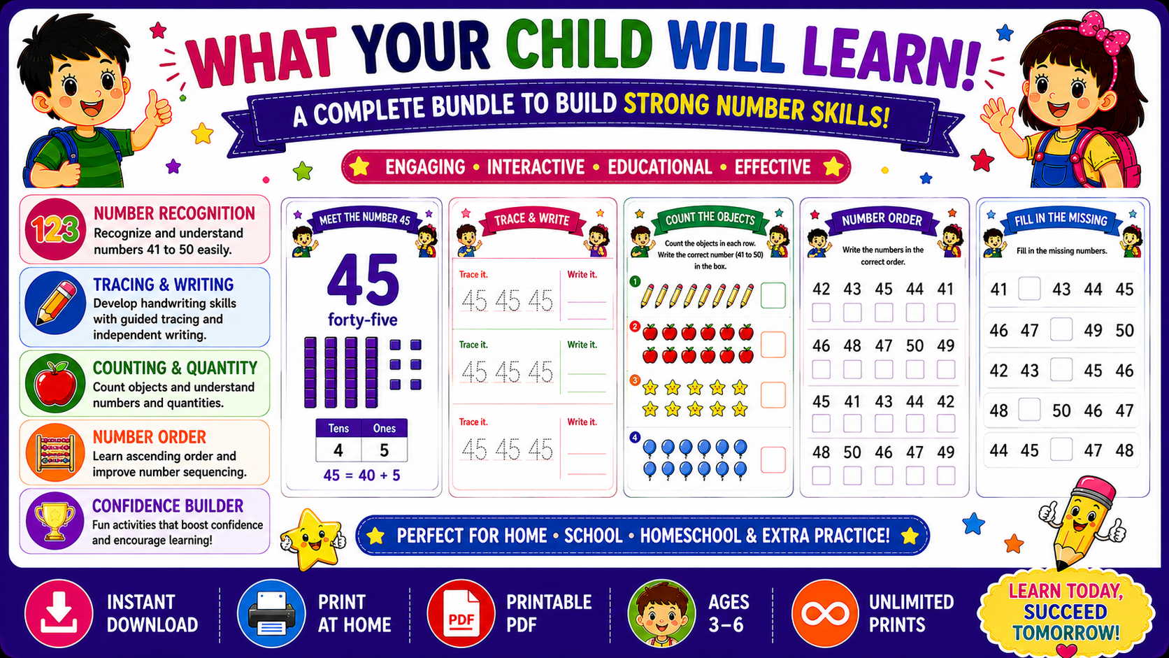 Number Learning Worksheets 41–50 – Printable Counting, Number Tracing & Math Activities for Kids Ages 3–6 | Digital PDF
