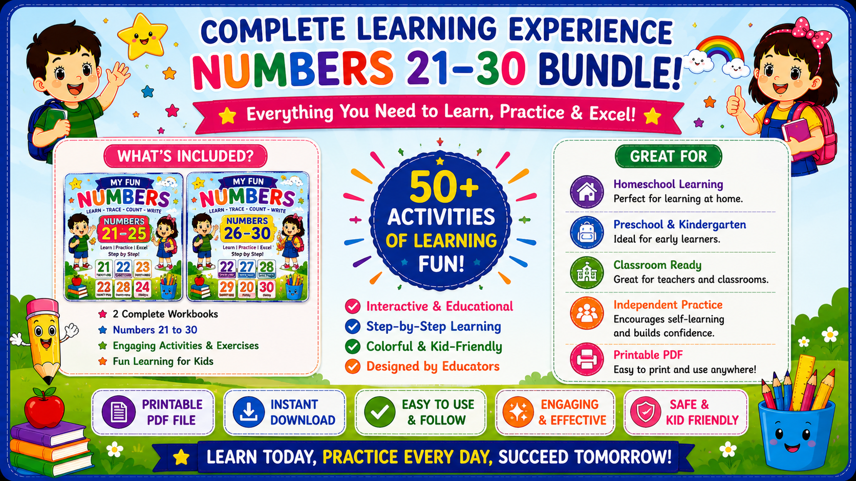 Number Learning Worksheets 21–30 – Printable Counting, Number Tracing & Math Activities for Kids Ages 3–6 | Digital PDF