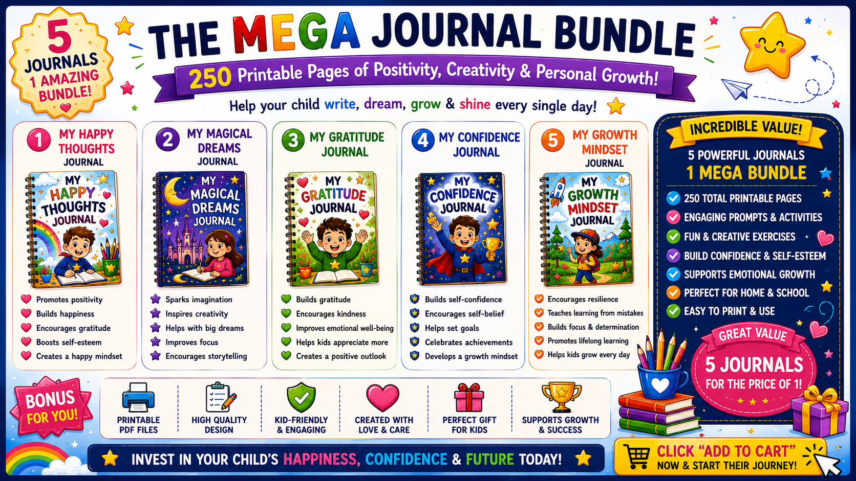 Kids Journal Mega Bundle – 5 Printable Reflection & Mindfulness Journals for Kids Ages 7–12 | Digital PDF Bundle