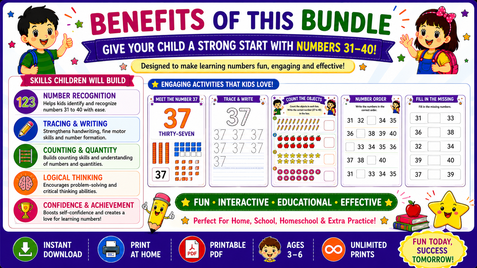 Number Learning Worksheets 31–40 – Printable Counting, Number Tracing & Math Activities for Kids Ages 3–6 | Digital PDF