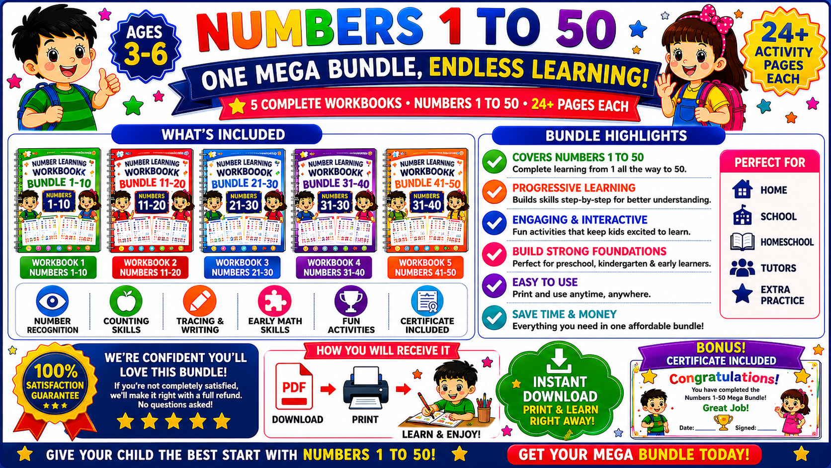 Number Learning Mega Bundle 1–50 – 5 Printable Counting, Number Tracing & Math Worksheet Sets for Kids Ages 3–6 | Digital PDF Bundle