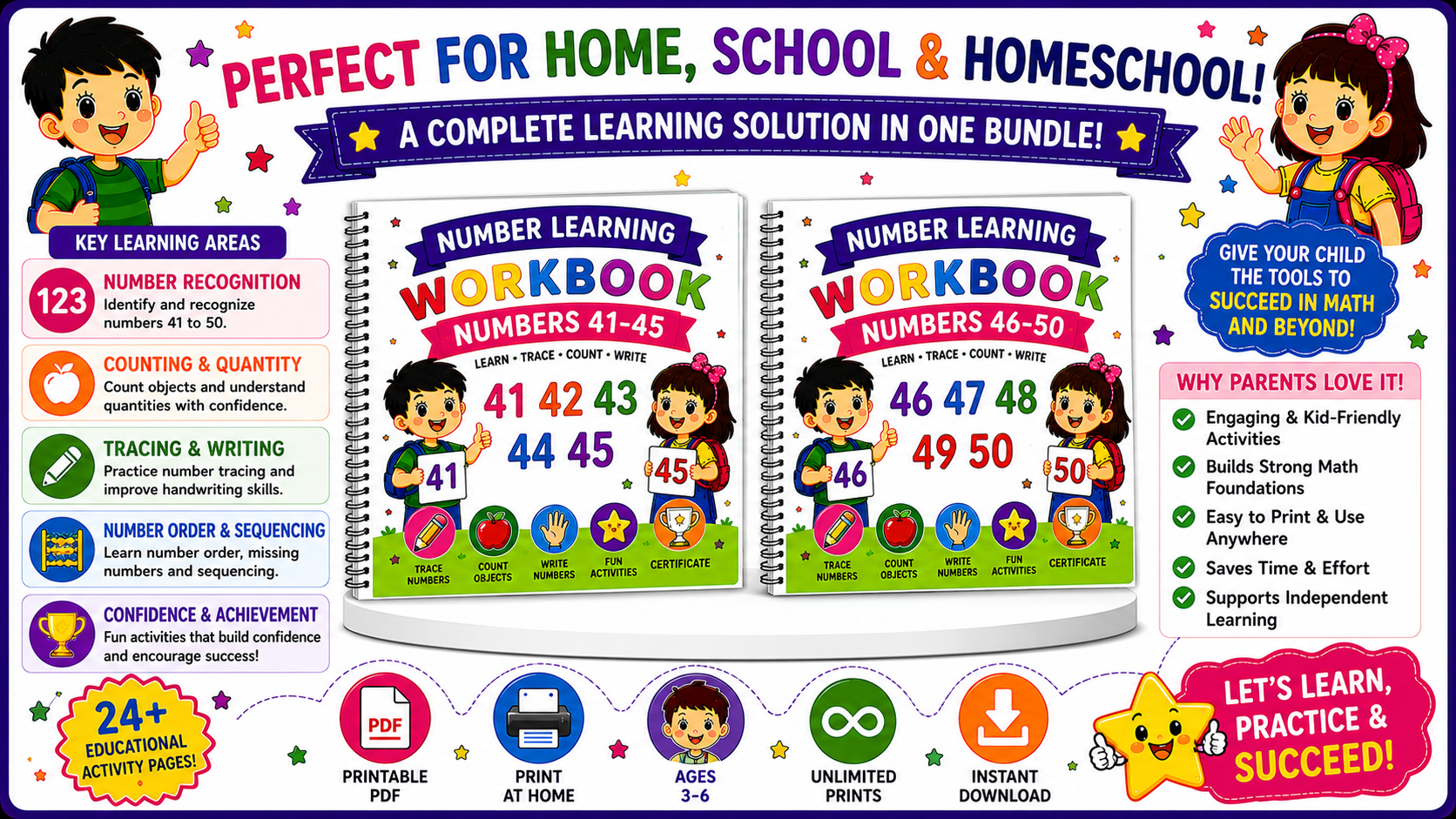 Number Learning Worksheets 41–50 – Printable Counting, Number Tracing & Math Activities for Kids Ages 3–6 | Digital PDF