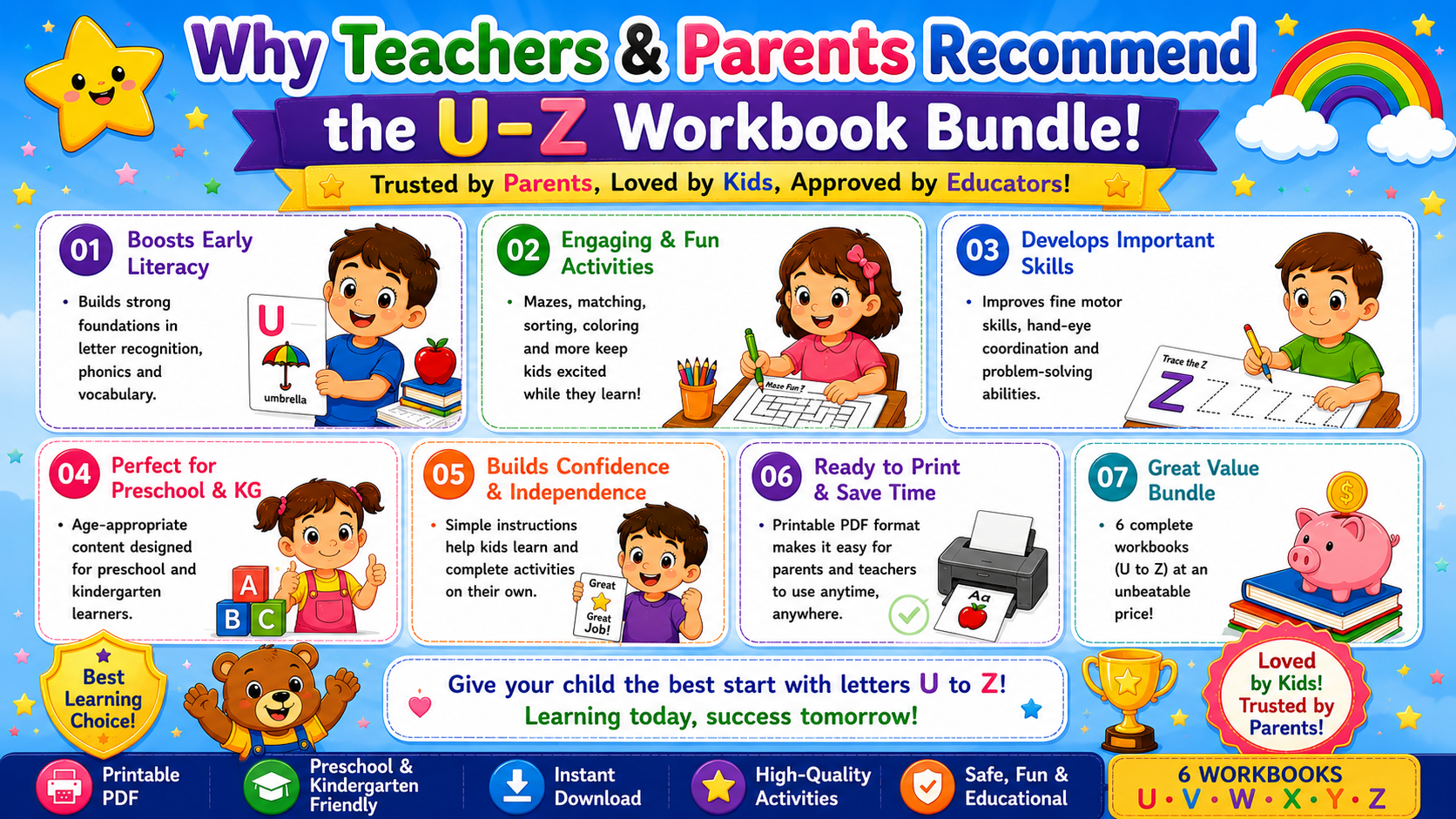 Alphabet Learning Worksheets U–Z – Printable Letter Tracing & Phonics Activities for Kids Ages 3–6 | Digital PDF