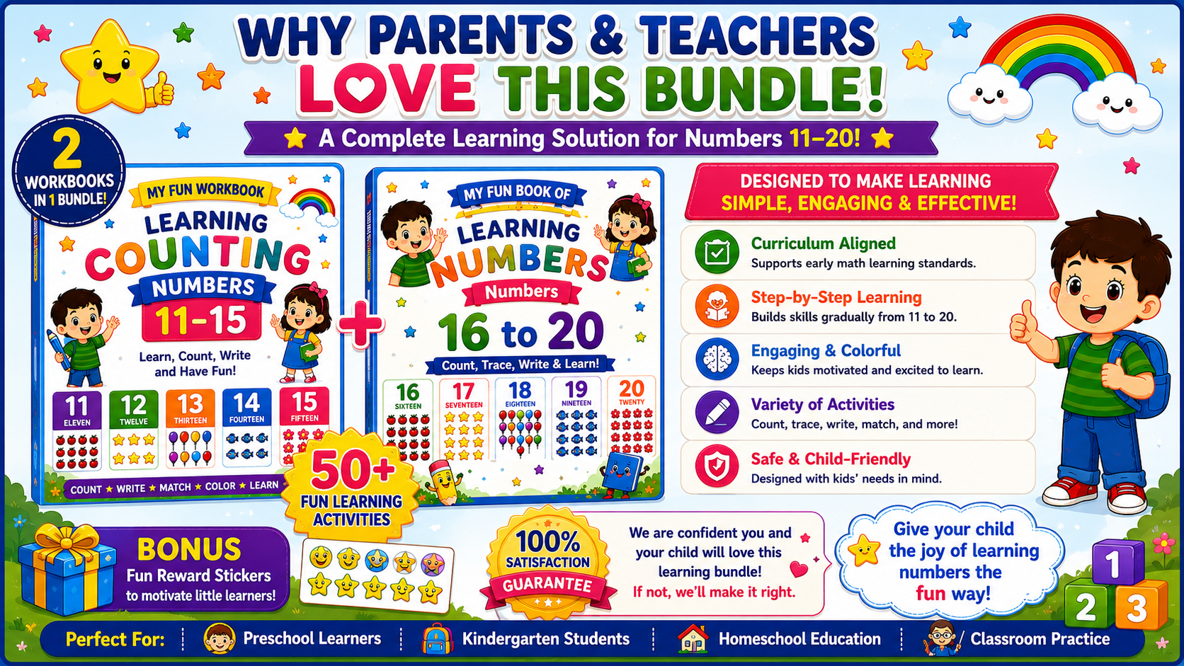 Number Learning Worksheets 11–20 – Printable Counting, Number Tracing & Math Activities for Kids Ages 3–6 | Digital PDF