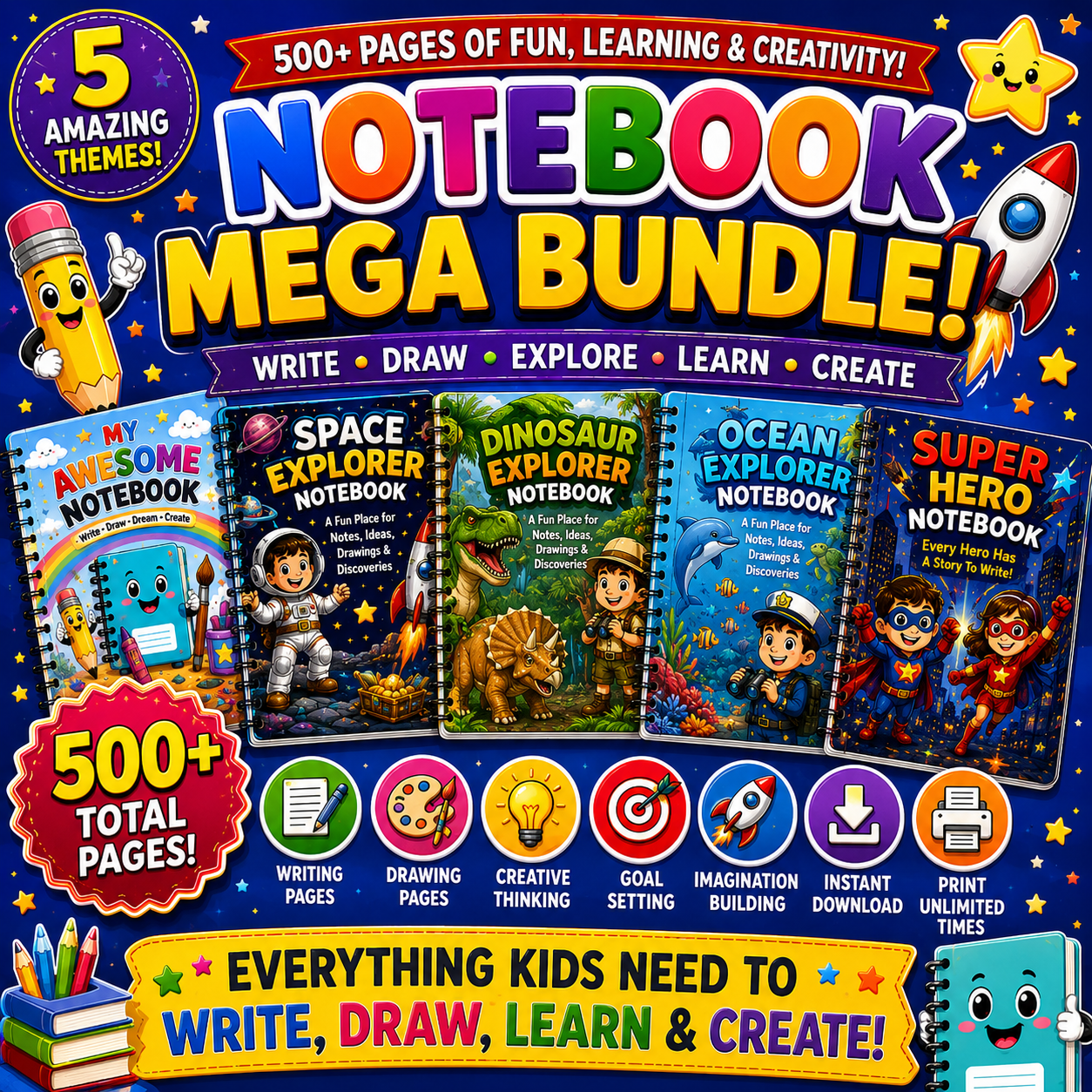 Kids Notebook Mega Bundle – 5 Printable Writing & Drawing Notebooks for Kids Ages 7–12 | Digital PDF Bundle